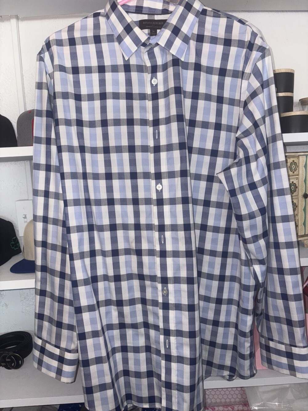 Banana Republic Classic Fit Blue and White Plaid Button Up Shirt Mens XL